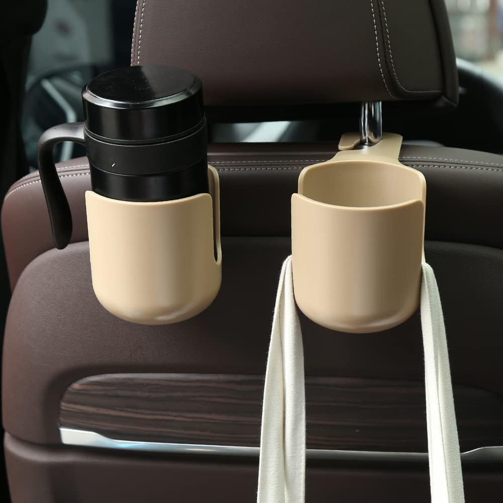 Car Seat Headrest Hook Hanger Storage Organizer Universal with Cup Holder for Handbag fit Universal Vehicle Car (Beige)