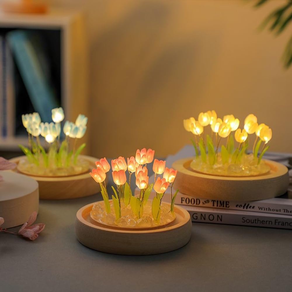 GUOCHENG Luz nocturna LED de tulipán, funciona con pilas, lámparas de mesa de tulipán hechas a mano, simulación de flores, luces para dormir, mini