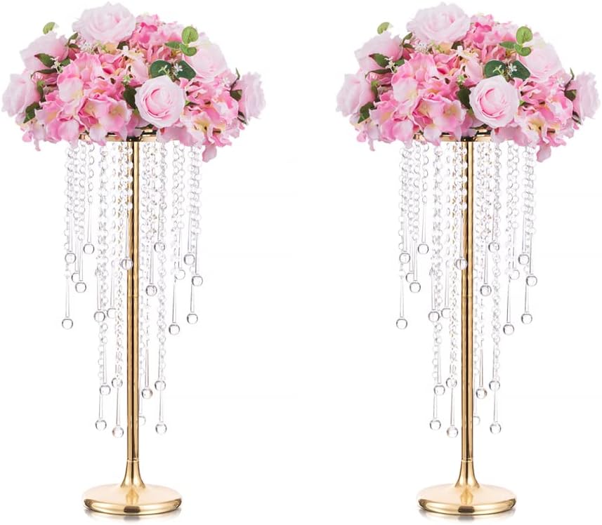 Jarrones altos para centros de mesa de boda, jarrón dorado de 21.7 pulgadas con cristal de araña, decoración de mesa de centro de mesa, soporte de