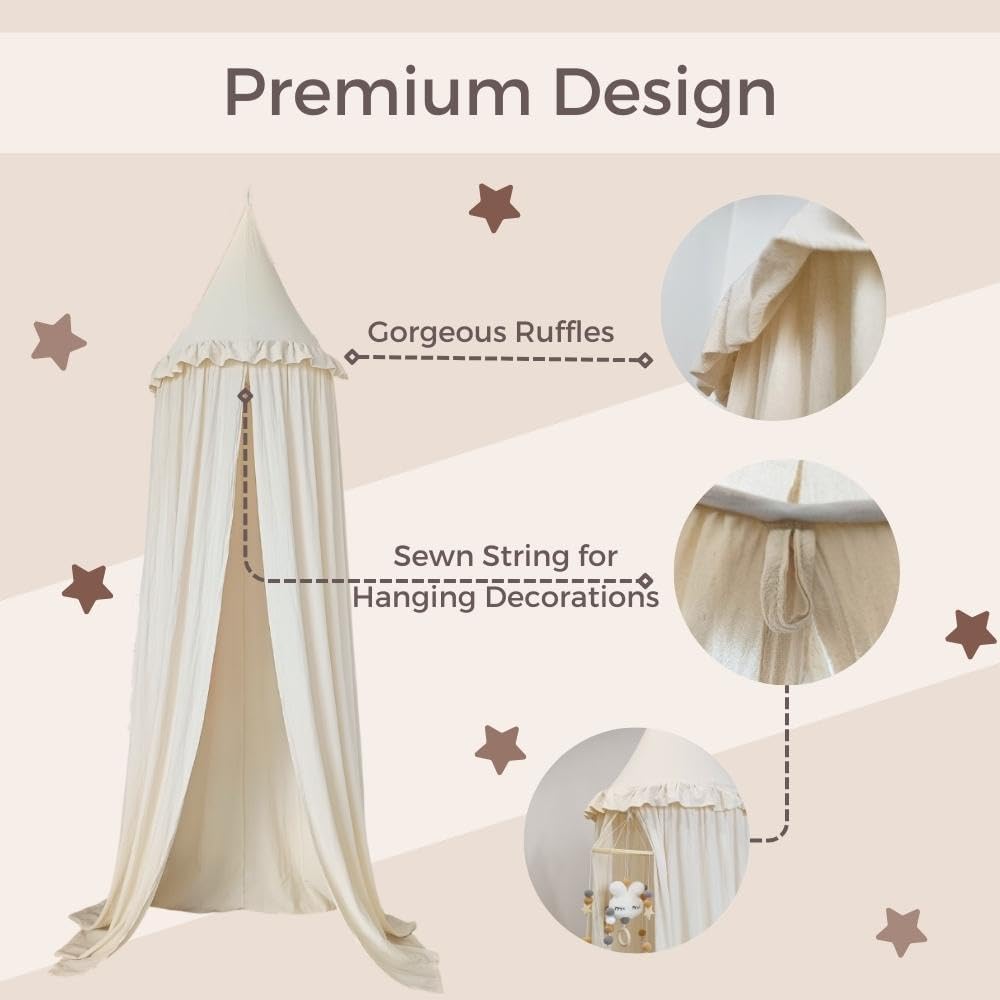 Wonder Space Toldo para cama infantil con volantes, color pastel neutro para niños y niñas, tienda de campaña de algodón con volantes, habitación