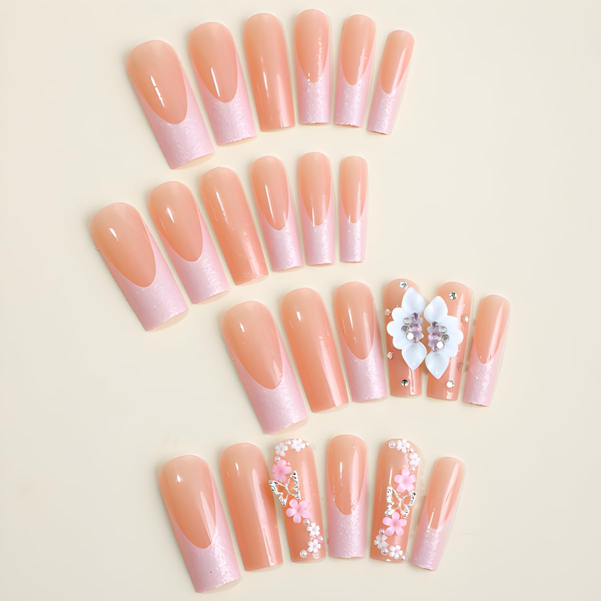 Uñas postizas a presión con diseño de mariposa, uñas postizas largas con punta francesa, uñas postizas de ataúd rosa con diseño de flores de