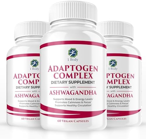 1 Body Suplemento complejo Ashwagandha – Fórmula adaptógeno – Suplemento de enfoque y apoyo energético para hombres y mujeres – 180 cápsulas veganas