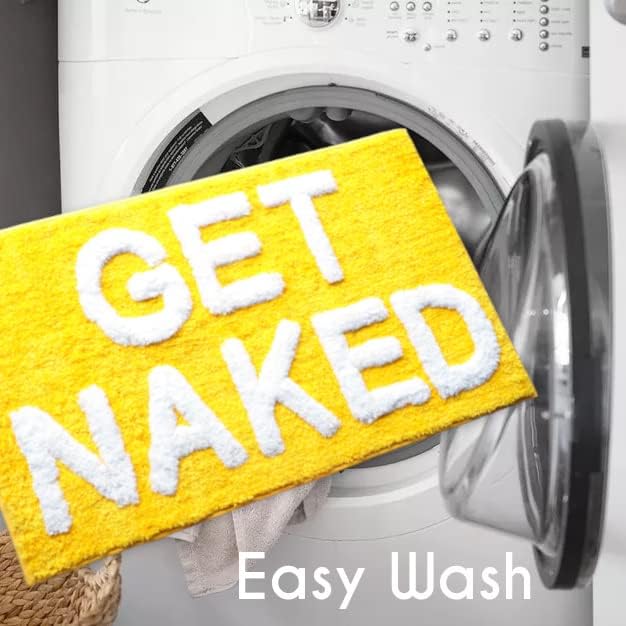 Tapete de baño amarillo con texto en inglés Get Naked, divertido tapete de baño lindo y bonito tapete de baño canario dorado y blanco para niñas y