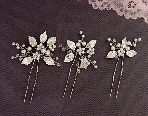 FXmimior Tocado de novia vintage con hojas de cristal, pasadores Bobby, accesorios para el cabello para fiesta de boda (paquete de 3) (plata)