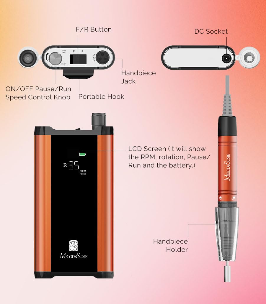 MelodySusie MB450E – Taladro de uñas inalámbrico profesional de 35000 RPM, máquina de taladro de uñas recargable portátil sin escobillas, bajo