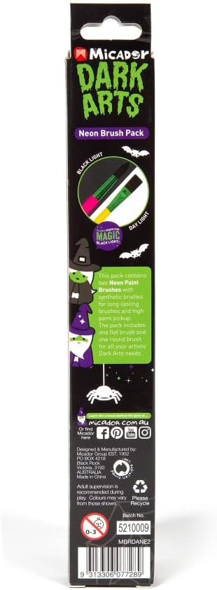 Micador Dark Arts – Paquete de 2 pinceles de neón con mango de neón, brilla bajo la luz negra, plano + redondo, uso con témpera + acuarela, a partir
