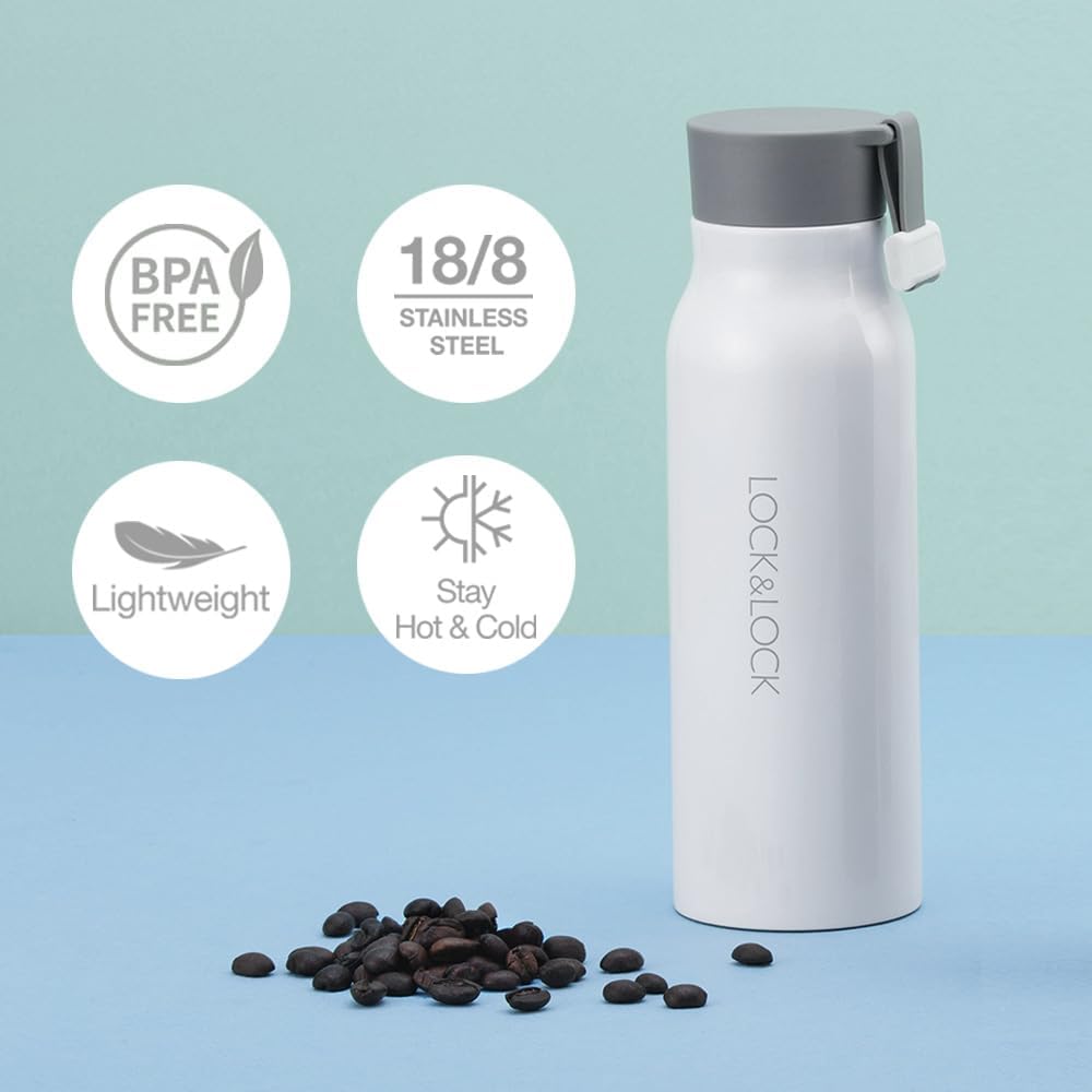 LocknLock – Vaso térmico de acero inoxidable de doble pared aislado al vacío de 12 onzas, sin BPA, con tapa y asa a prueba de fugas, color negro,