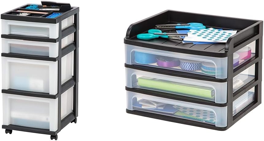 IRIS Carrito de almacenamiento de 4 cajones con parte superior organizadora, sistema de cajones de escritorio mediano negro y IRIS USA, 1 paquete,