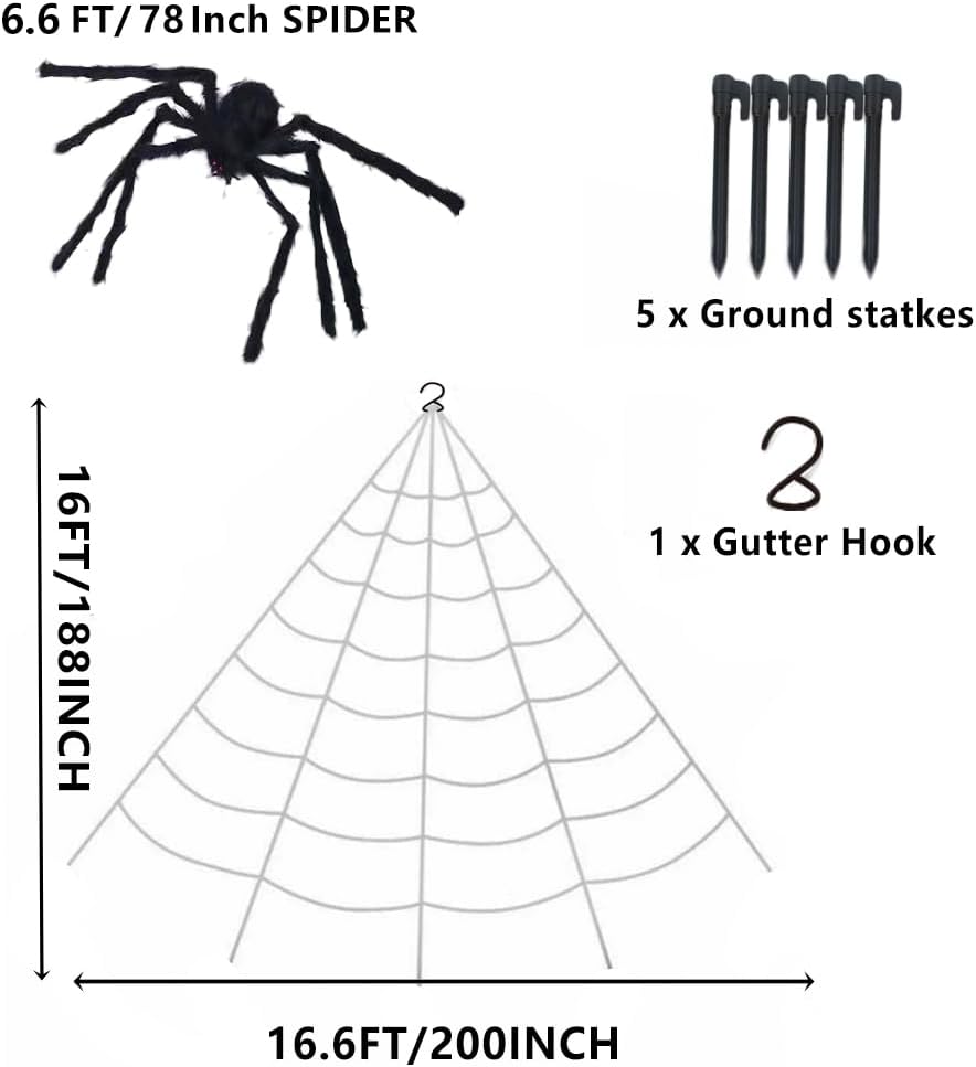 AOGU Telaraña de Halloween de 200 pulgadas + decoración de araña gigante de 78 pulgadas, araña falsa con tela de araña enorme triangular para