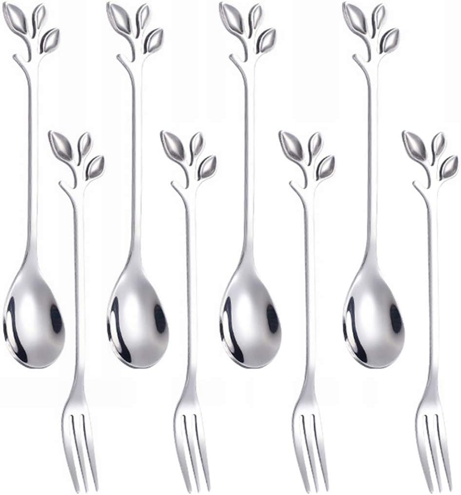 AnSaw Mini cucharas y tenedores con mango de hoja de 4.7 pulgadas, color plateado, 8 piezas, perfecto para café, postres, té, aperitivos, elegante