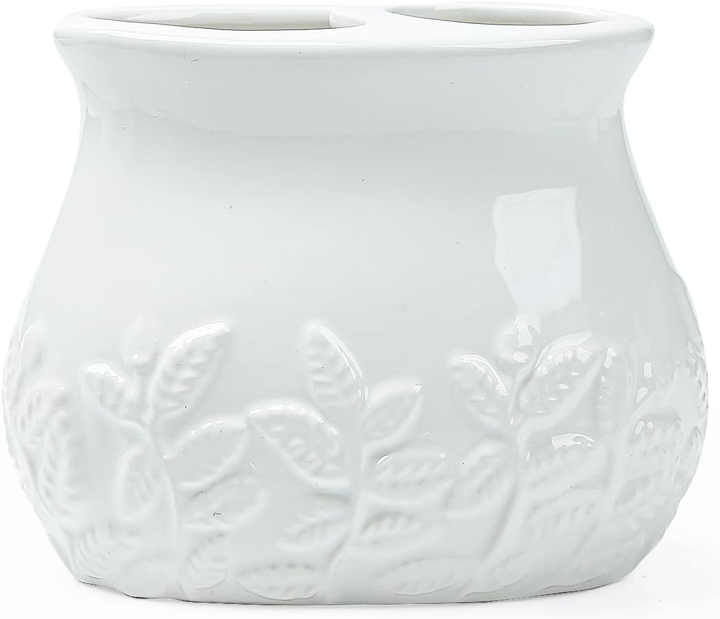Juego de accesorios de baño de hojas en relieve de cerámica, conjunto de baño de 4 piezas con soporte para cepillos de dientes, taza para cepillos