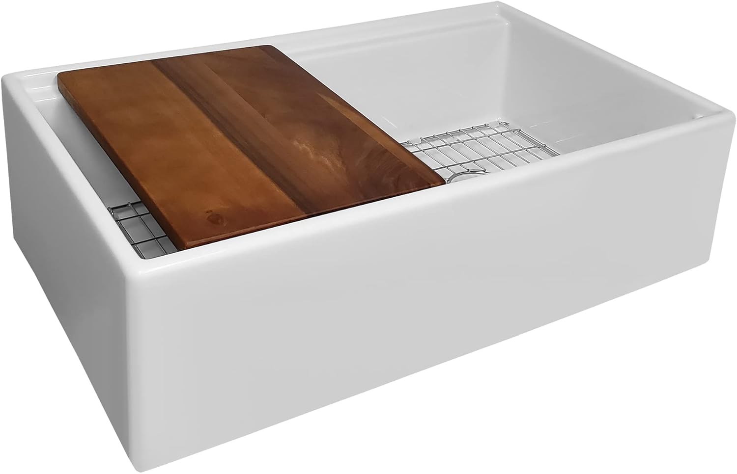 Whitehaus Collection Juego de fregadero reversible de arcilla refractaria de 30 pulgadas con un delantal frontal liso, tabla de cortar de madera de