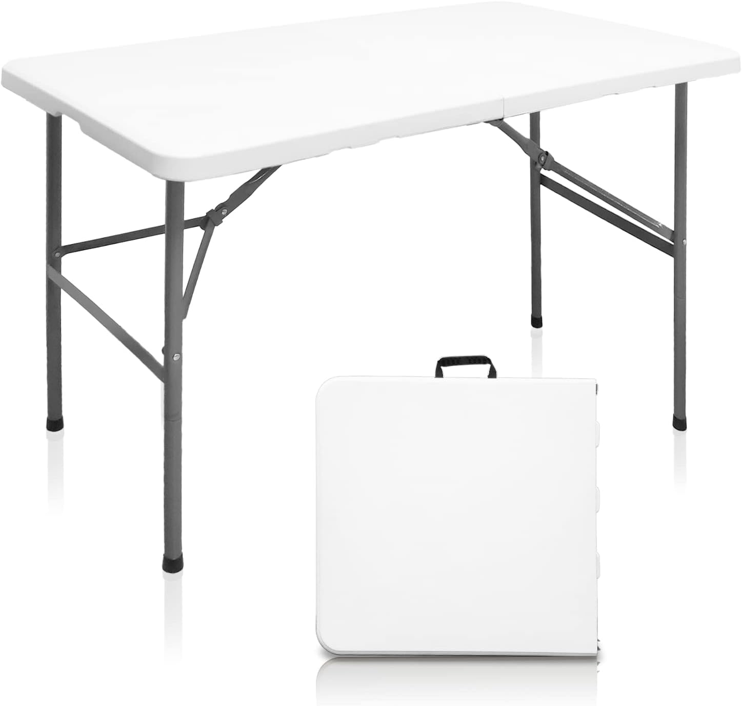 HQTrailTrekker Mesa plegable portátil de plástico de 4 pies, mesa de comedor plegable por la mitad, mesa plegable resistente para interiores y