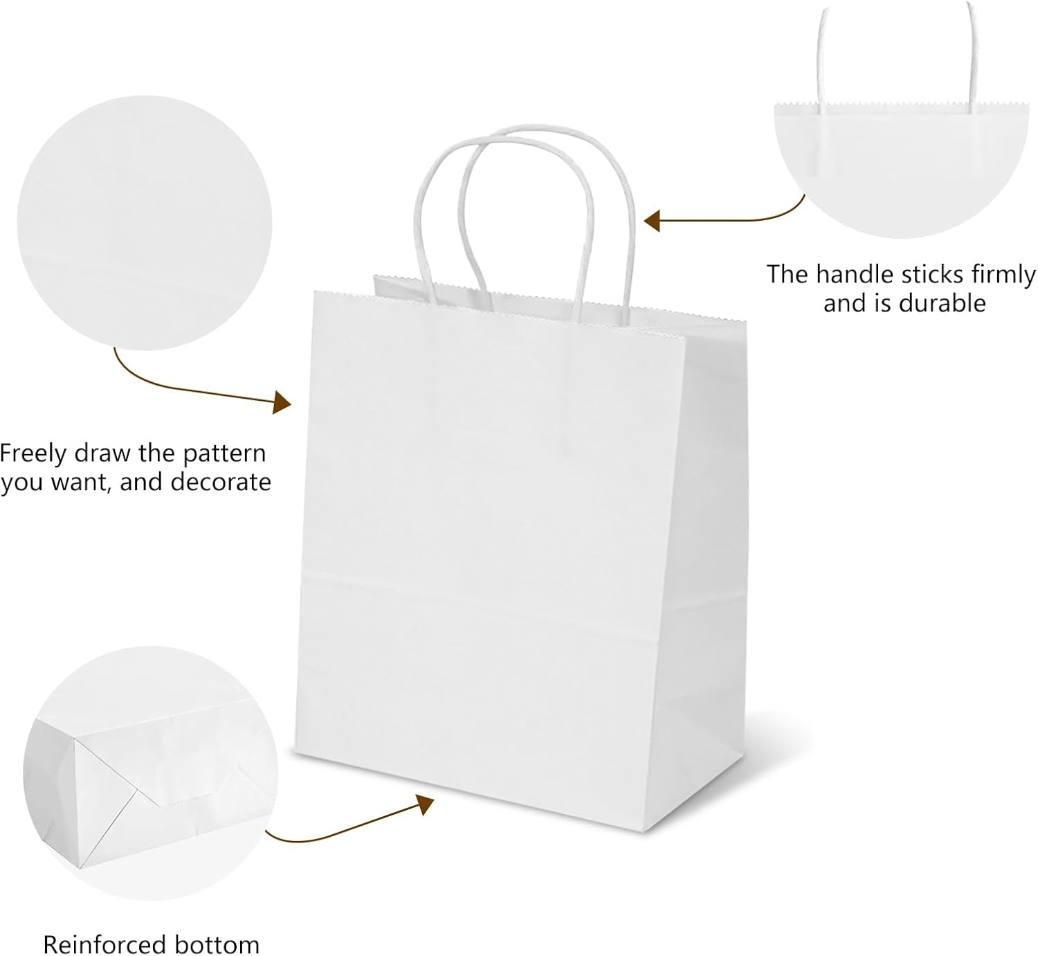 TOWRAP Bolsas de regalo blancas, 100 bolsas de papel de 9 x 5.9 x 9.84 pulgadas con asas a granel, bolsas de compras, bolsas de fiesta, bolsas de