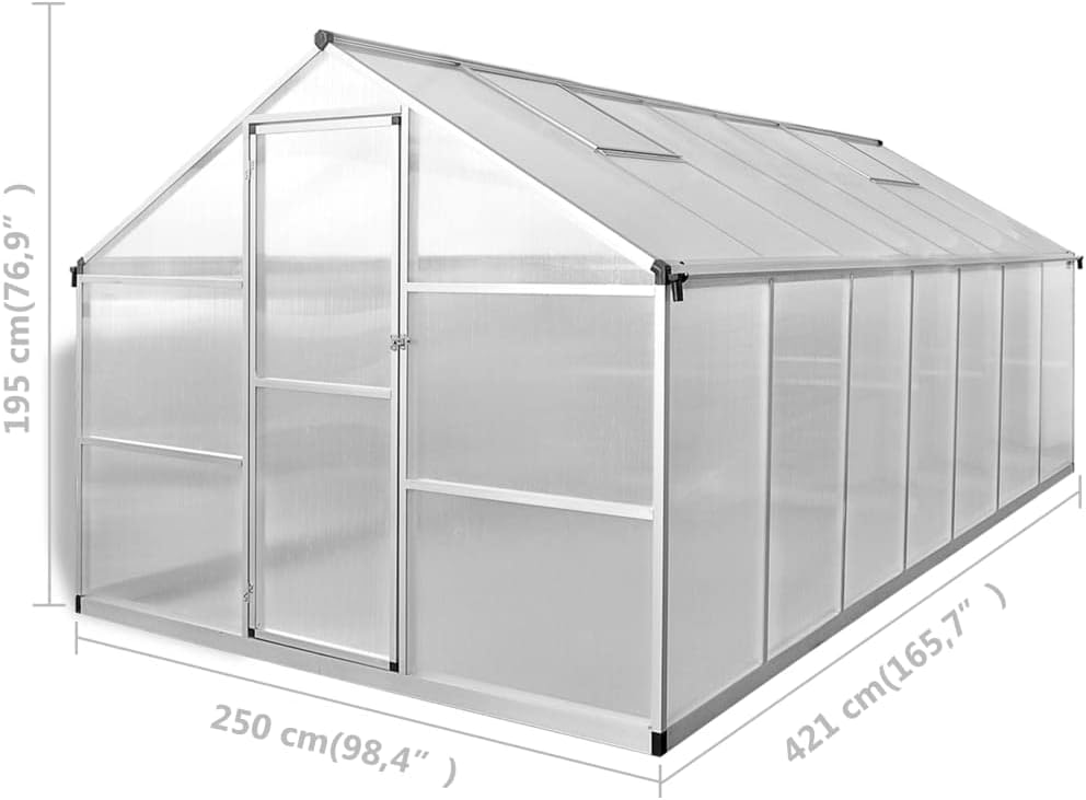 vidaXL Amplio invernadero – 113.3 pies cuadrados – Paneles de aluminio reforzado y policarbonato resistente a los rayos UV con sistema de canalón y