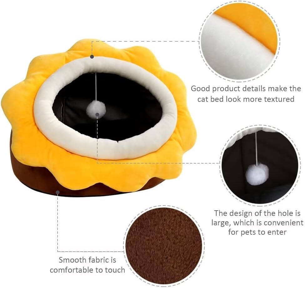 Camas para gatos de interior  Cama pequeña para gatos con parte inferior antideslizante, cueva en forma de girasol para gatosperros con juguete