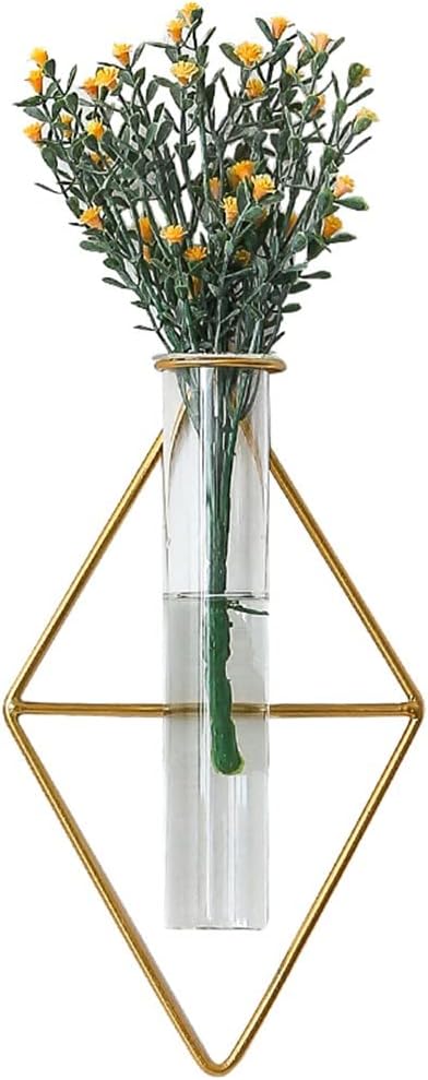 Paquete de 2 jarrones de pared de oro nórdico, jarrón hidropónico geométrico colgante de metal, jarrón de tubo de vidrio montado en la pared, jarrón