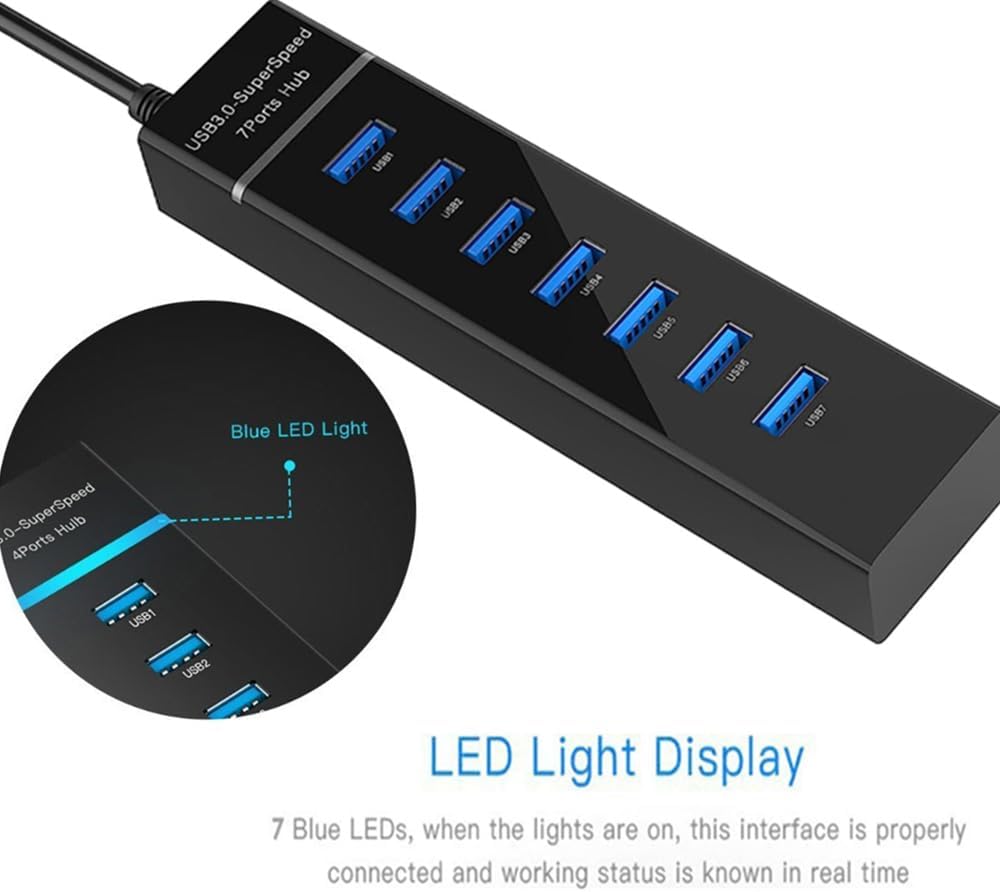 USB Hub3.0, extensor divisor DUOYHIEL de 7 puertos, para transferencia rápida de datos, expansor USB para laptop, cámara, Surface Pro, PC, ratones,