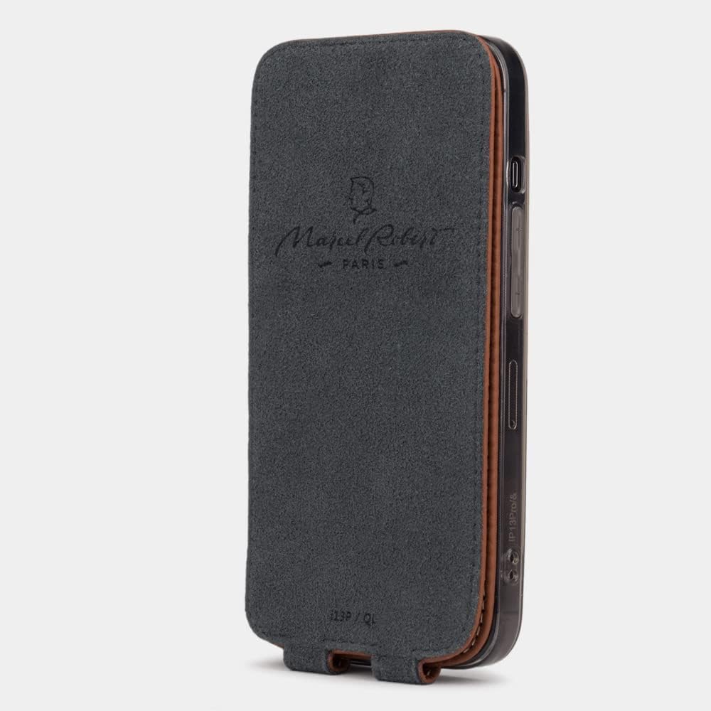 Marcel Robert – Funda con tapa de piel auténtica para iPhone 14 Pro – Modelo patentado – Fabricado en Francia – Caramelo