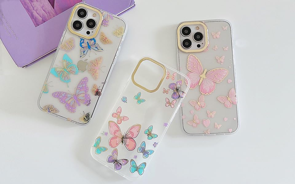 Funda transparente con purpurina para iPhone 15 para mujeres y niñas, mariposas doradas, bonito patrón en forma de corazón, ajuste delgado, funda