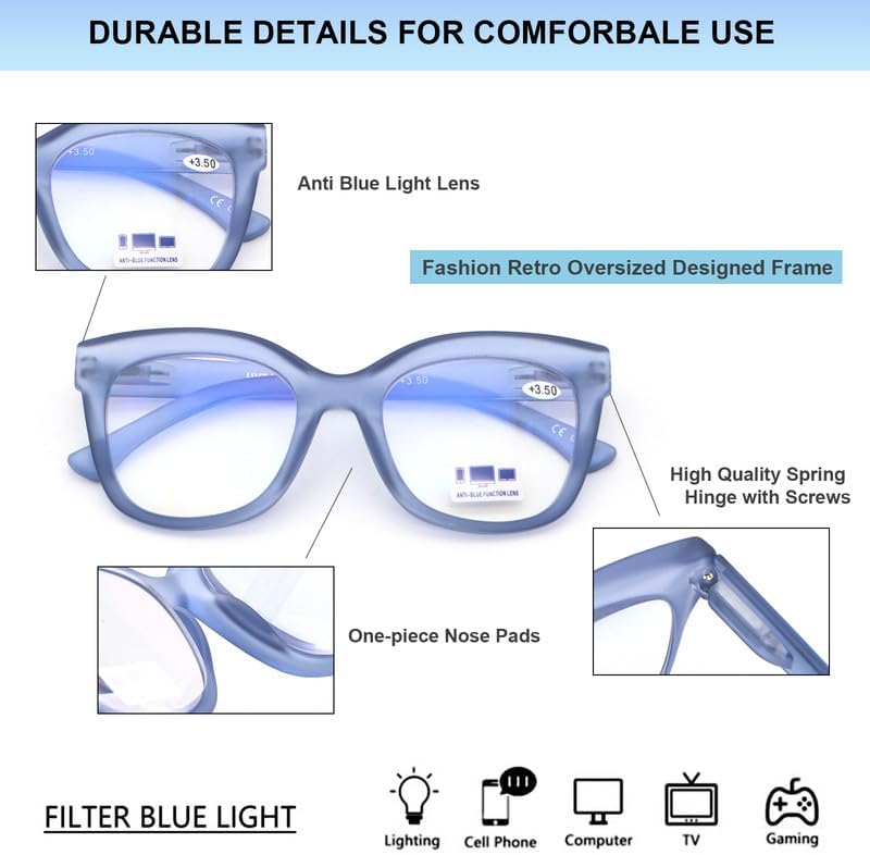 UNTAMID Lentes de lectura con bloqueo de luz azul para mujeres y hombres, cómodos y elegantes, para lectores cuadrados, paquete de 3 (paquete de 3