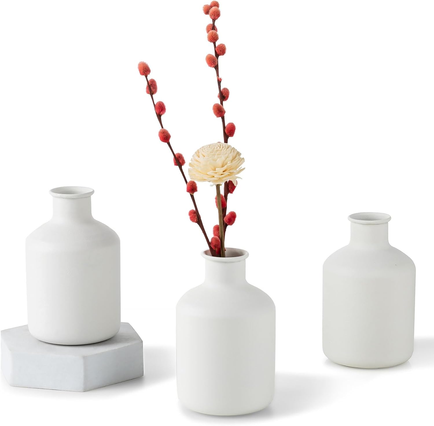 Sziqiqi Wiker – Juego de 3 jarrones blancos pequeños, jarrón de metal para flores secas, moderno jarrón mate para decoración del hogar, centros de