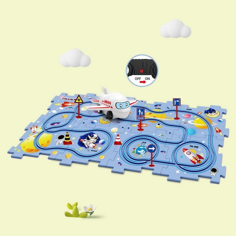 PowerTRC Rompecabezas de coche de ferrocarril de plástico con un avión y señales de tráfico  Montessori educativo imaginativo aprendizaje