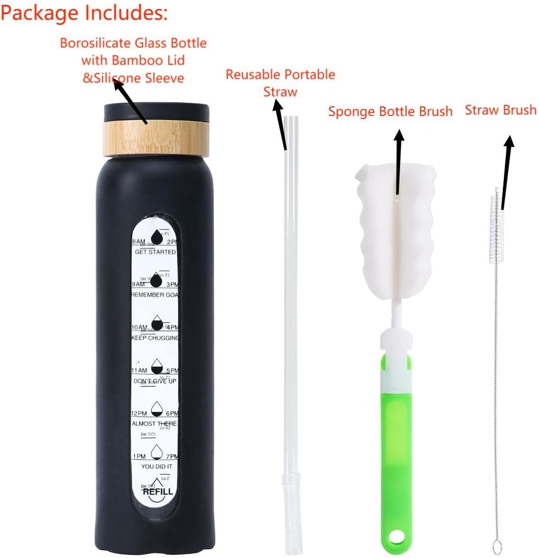 Botella de agua de vidrio de 32 onzas con funda de silicona, tapa de bambú, boca ancha, botella de agua motivacional con marcador de tiempo, popote