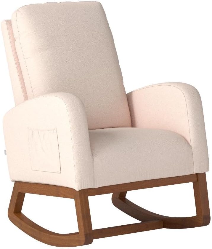 Mecedora Dolonm, estilo de mediados de siglo, moderna tapizada, con respaldo alto, para cuarto de bebé o sala de estar (beige)