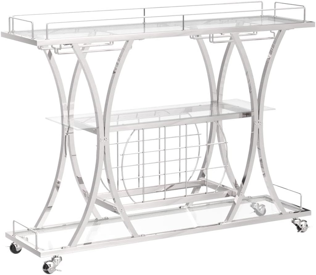 HOMYSHOPY Carrito de servicio de bar con soporte para vidrio y estante para vino, carrito de cocina de 3 niveles con estantes de vidrio templado y