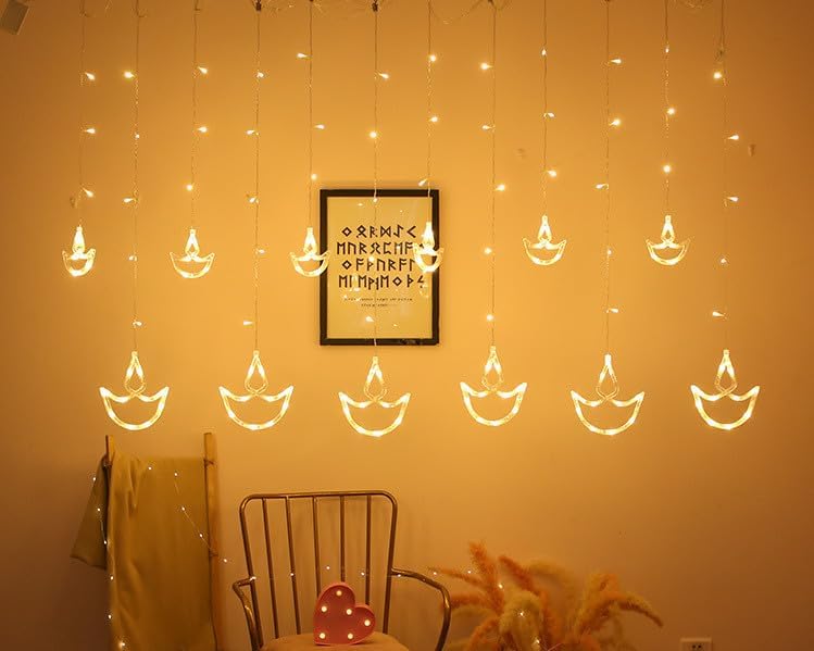 KEPATO Diwali – Tira de luces de 12 luces Diya, 138 luces LED, funciona con pilas, guirnalda de luces indias Diwali para decoración del hogar, pared