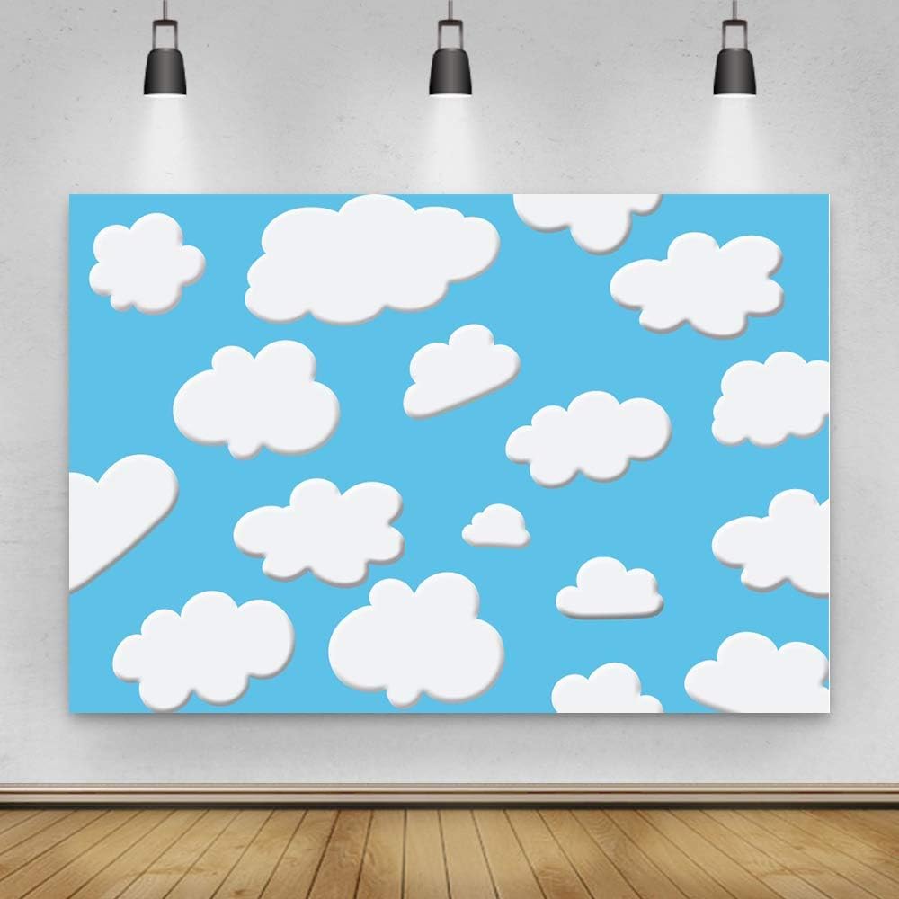 Laeacco Fondo de nubes blancas de cielo azul de dibujos animados de 10 x 6.5 pies, lindo fondo de fiesta de cumpleaños para niños, baby shower, mesa