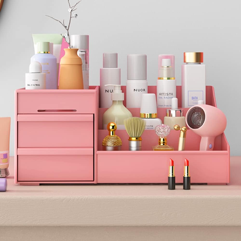 Organizador de escritorio de maquillaje con cajones, organizador de encimera para cosméticos, soporte de tocador para lápiz labial, pinceles,