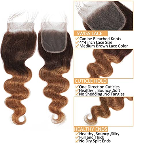 Paquetes de cabello humano ondulado con cierre, cabello humano de 2 tonos degradados, 3 paquetes con cierre de encaje 4×4, paquete de cabello humano