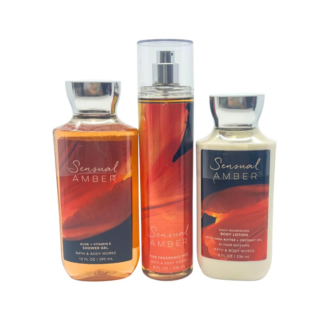 Bath & Body Works Sensual Amber – Paquete de 3 piezas – Paquete de regalo para vacaciones – Gel de ducha de 10 onzas – Bruma de fragancia fina de 8