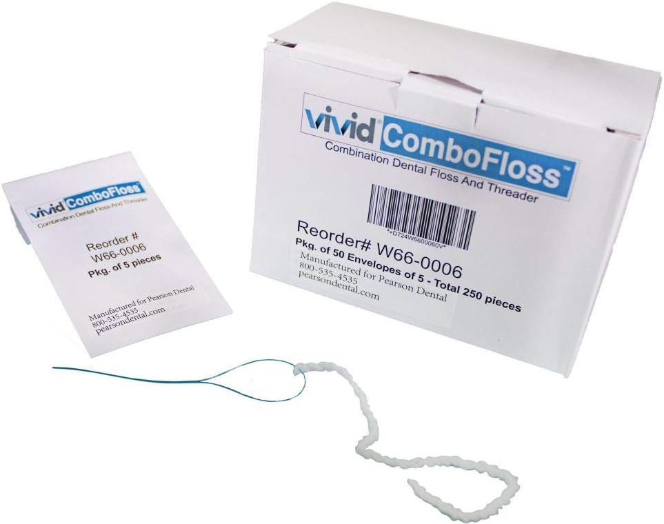 Hilo dental con enhebrador precortado y regular, ideal para frenos, Vivid ComboFloss (paquete de 250 piezas)