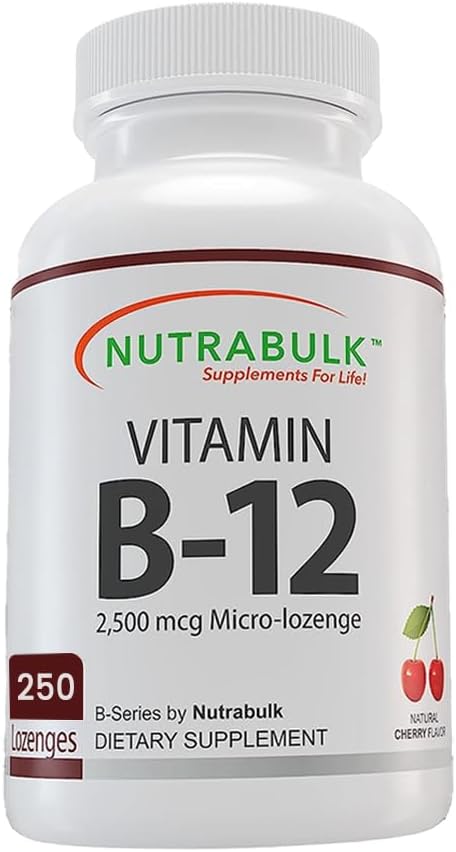 NutraBulk Vitamina B-12 Cápsulas de 2500 mcg Micro-Pastilla  Apoya el bienestar cognitivo y general  Sabor a cereza – Tabletas sublinguales (250
