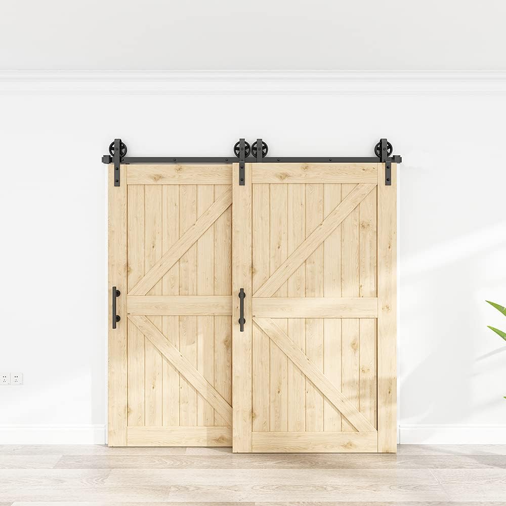 WINSOON Kit de herrajes para puerta corrediza de granero de 5 pies a 10 pies, pista única de 10 pies para puertas dobles, rueda de radios grande,