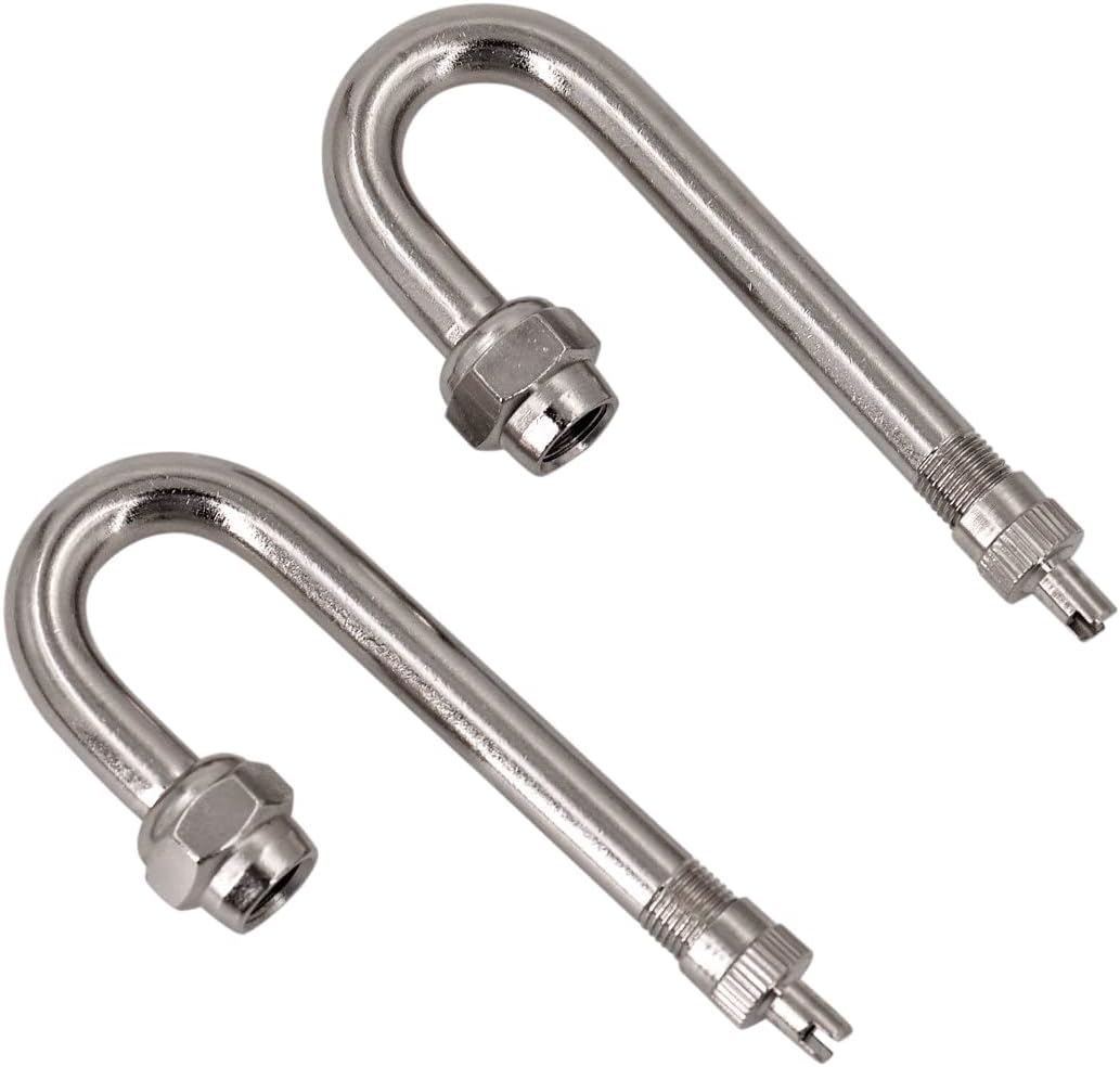Kit de vástago de válvula doble flexible  Acero inoxidable vástago en “J” de 180 grados (2)  Extensiones de 7 pulgadas (2)  Cabeza angular (1)