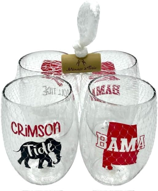 Juego de 4 copas de vino de plástico inastillables de 16 onzas fabricadas en los Estados Unidos (BAMA ROLL TIDE)