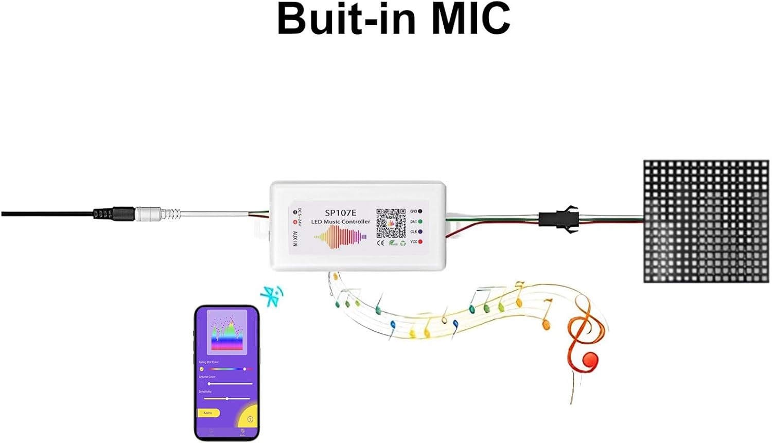 SP107E Controlador de luz LED de píxeles direccionables DC 5V-24V con música móvil BT para WS2812B, WS2801, WS2813 compatible con varios chips LED