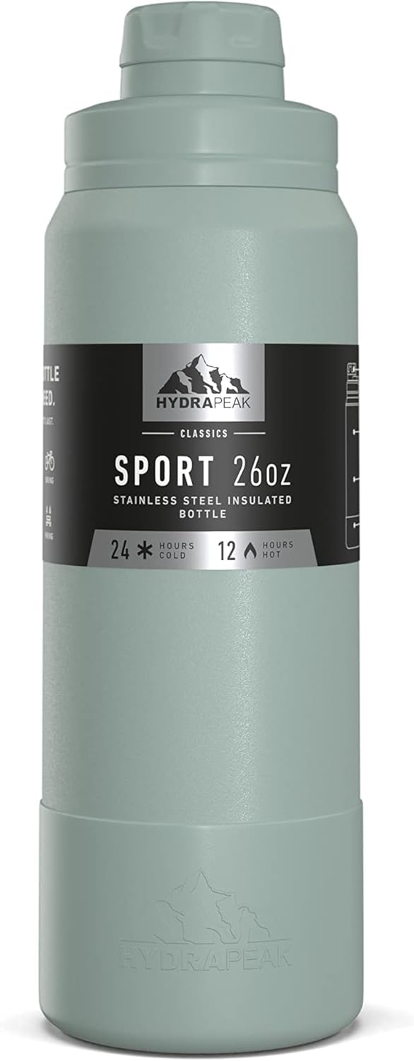 Hydrapeak Botella de agua deportiva de 26 onzas con aislamiento y tapa para beber, a prueba de fugas y derrames, mantiene las bebidas frías durante