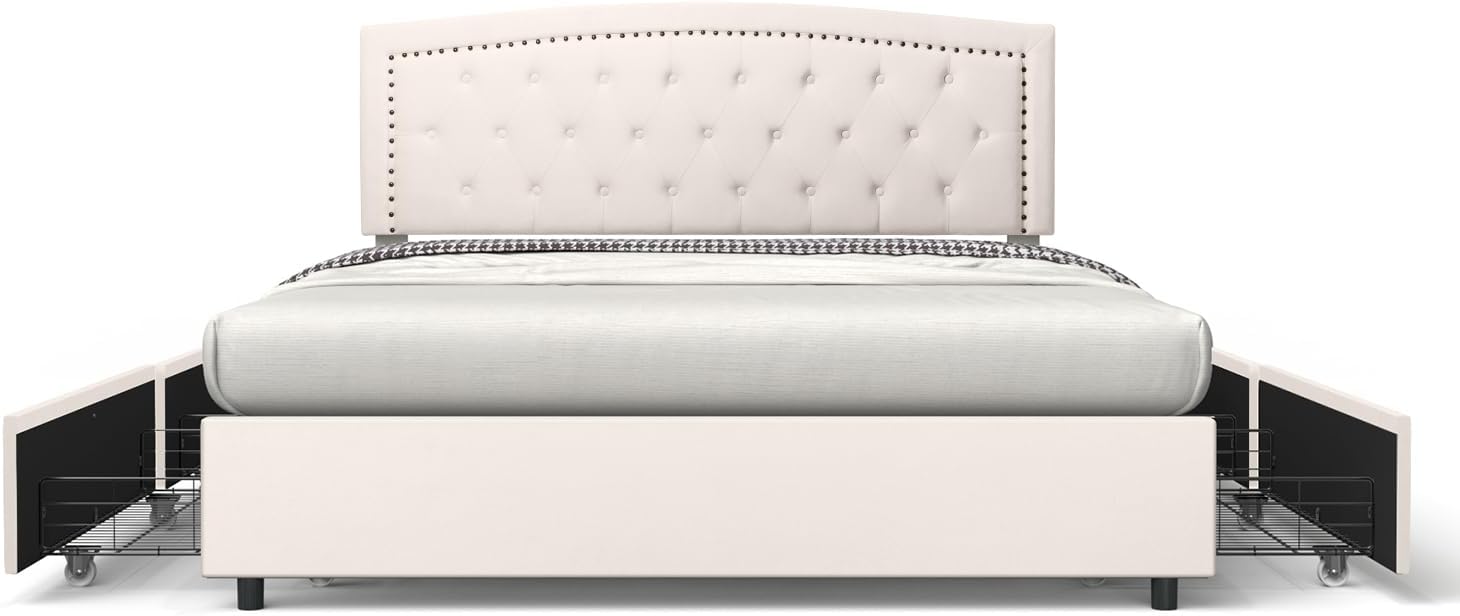 BONSOIR Base de cama de almacenamiento tamaño Queen tapizada de perfil bajo con cabecera tradicional copetuda y clavos, no necesita somier, 4