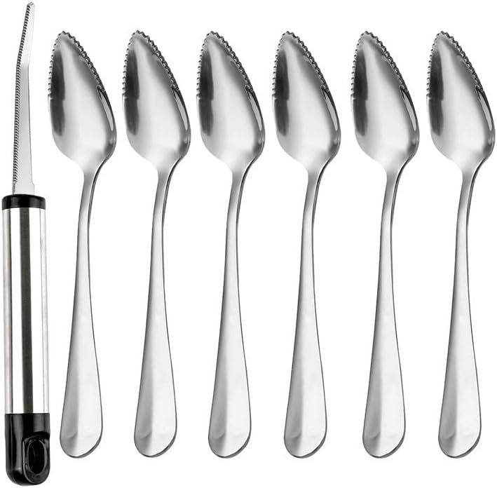 WXJ13 7 cucharas de pomelo y cuchillo de toronja, cuchara de postre de toronja de acero inoxidable, utensilios de toronja dentada, herramientas para