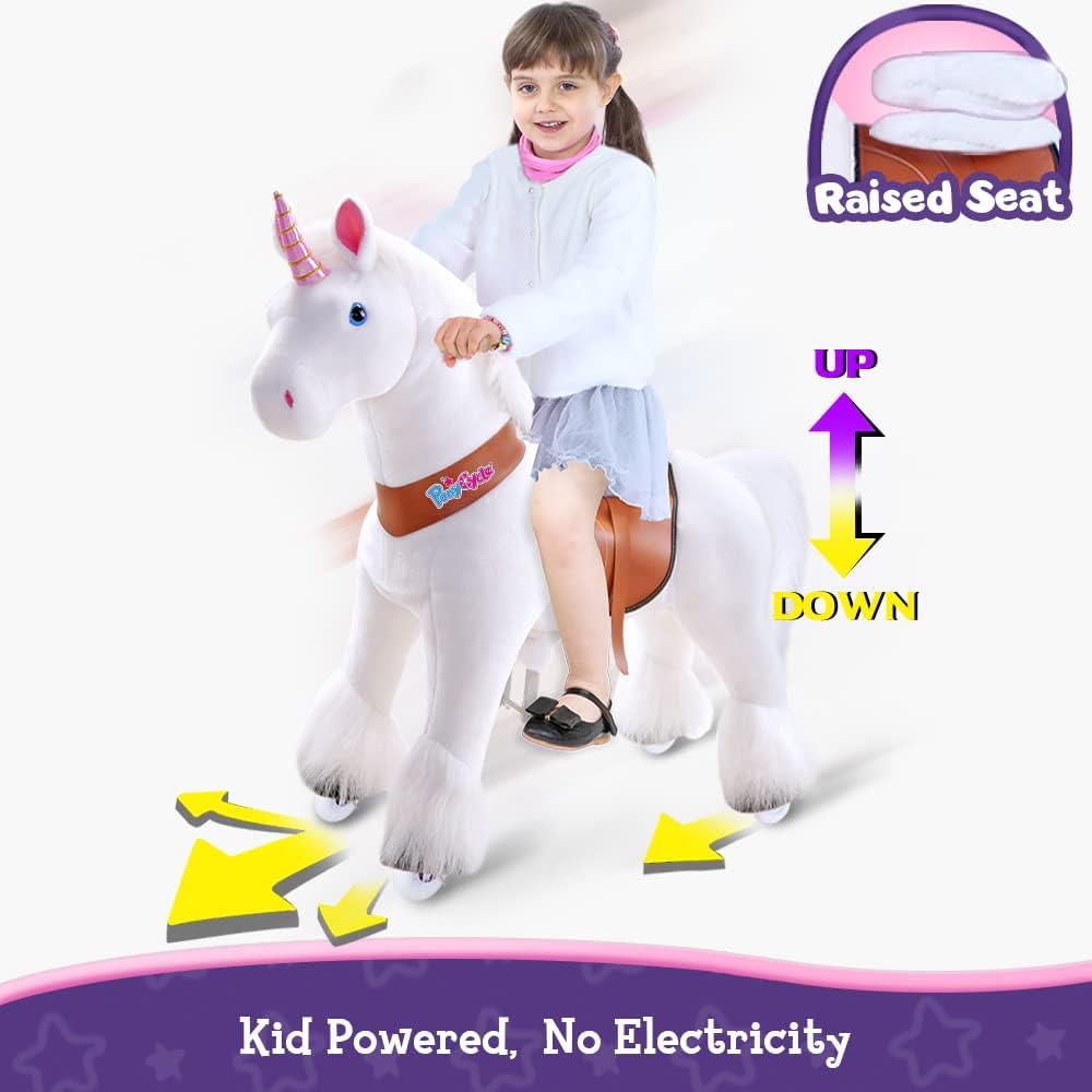 PonyCycle Unicornio rosa oficial con freno y almohadilla de pedal, juguete de peluche para montar en caballo Giddy up Pony, animal para caminar,