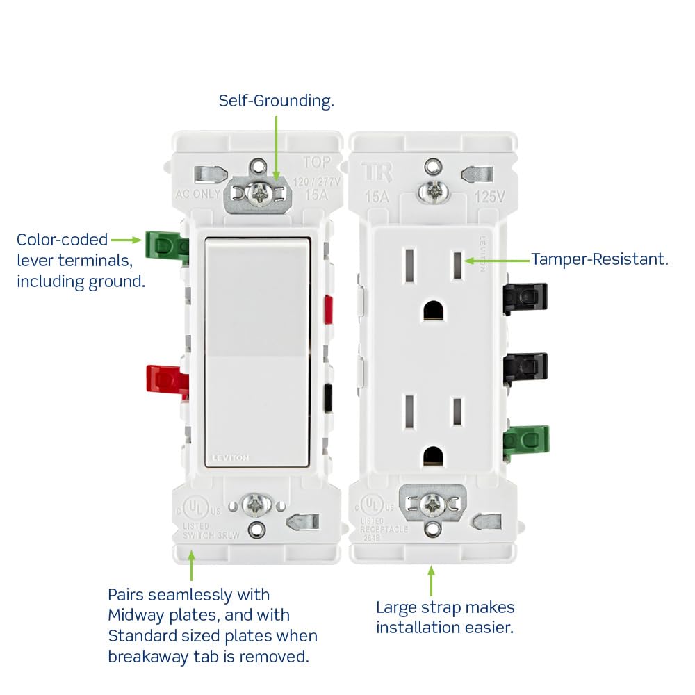 Leviton E5603-SW Decora Edge Interruptor basculante de 3 vías de 15 amperios, color blanco