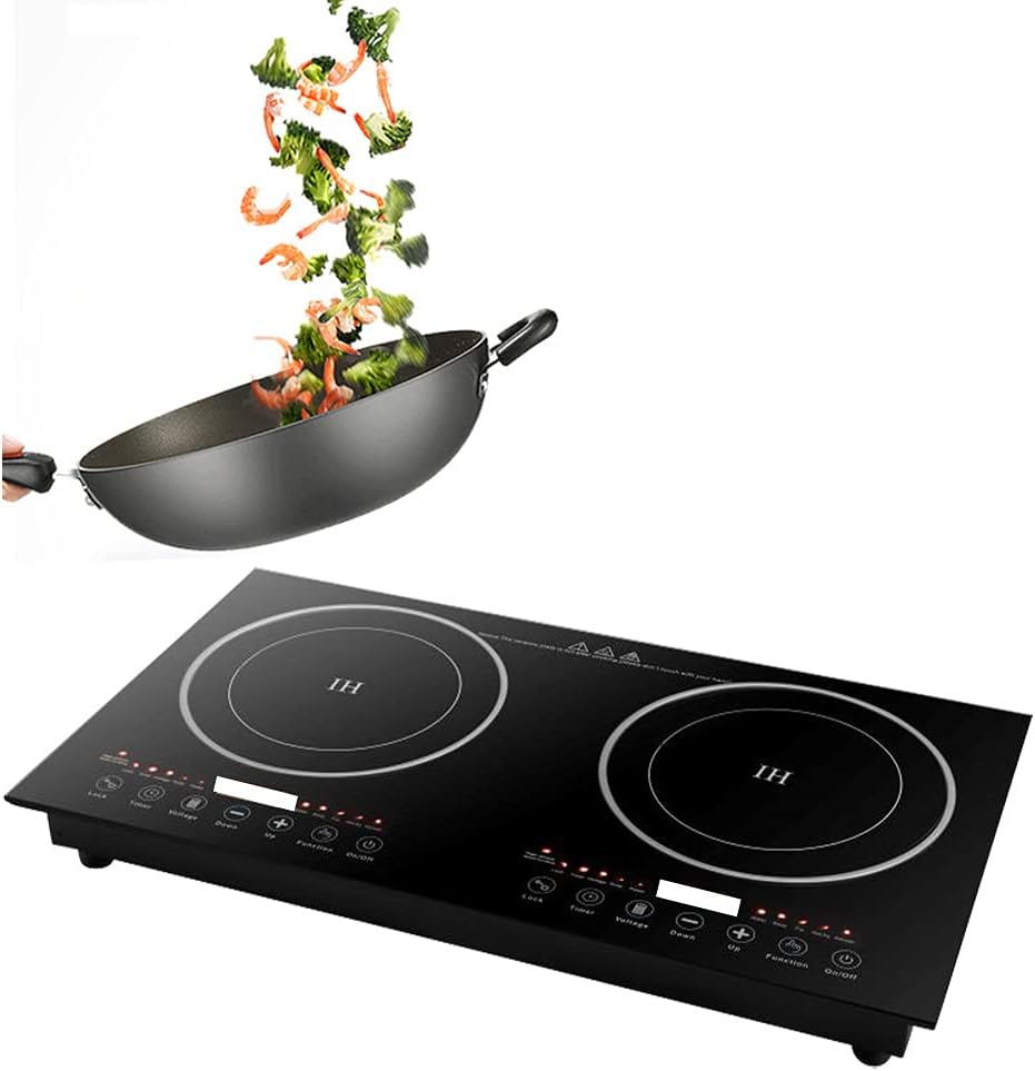 Placa de cocina eléctrica, 2 quemadores, doble inducción de cocina portátil 110 V 1200 W, quemadores de estufa eléctrica dobles con 8 engranajes de