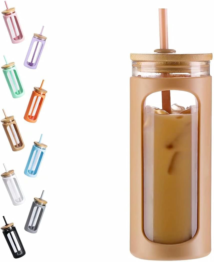 Kodrine – Vaso con popote para beber, capacidad de 20 onzas fluidas, con tapa de bambú, para café helado, reutilizable, boca ancha, para batidos,
