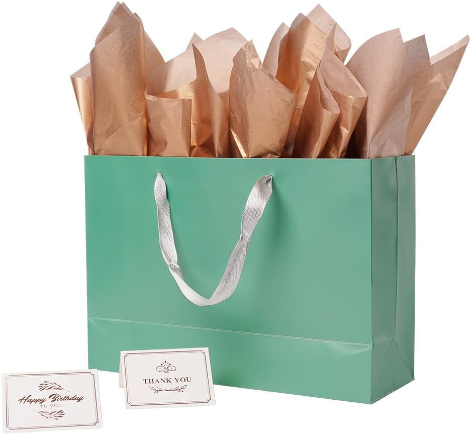 ysmile Bolsa de regalo verde extra grande individual con papel de envoltura para mujeres 16.5 “Bolsa de papel preminum con asa