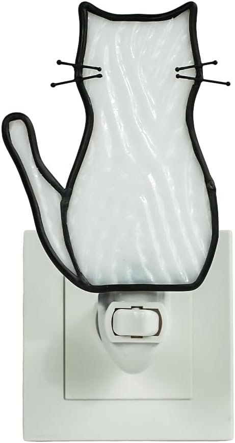 BOXCASA Luz nocturna de gato blanca con bombilla, lámpara de gato de vidrieras, luces nocturnas amarillas cálidas enchufables a la pared para sala